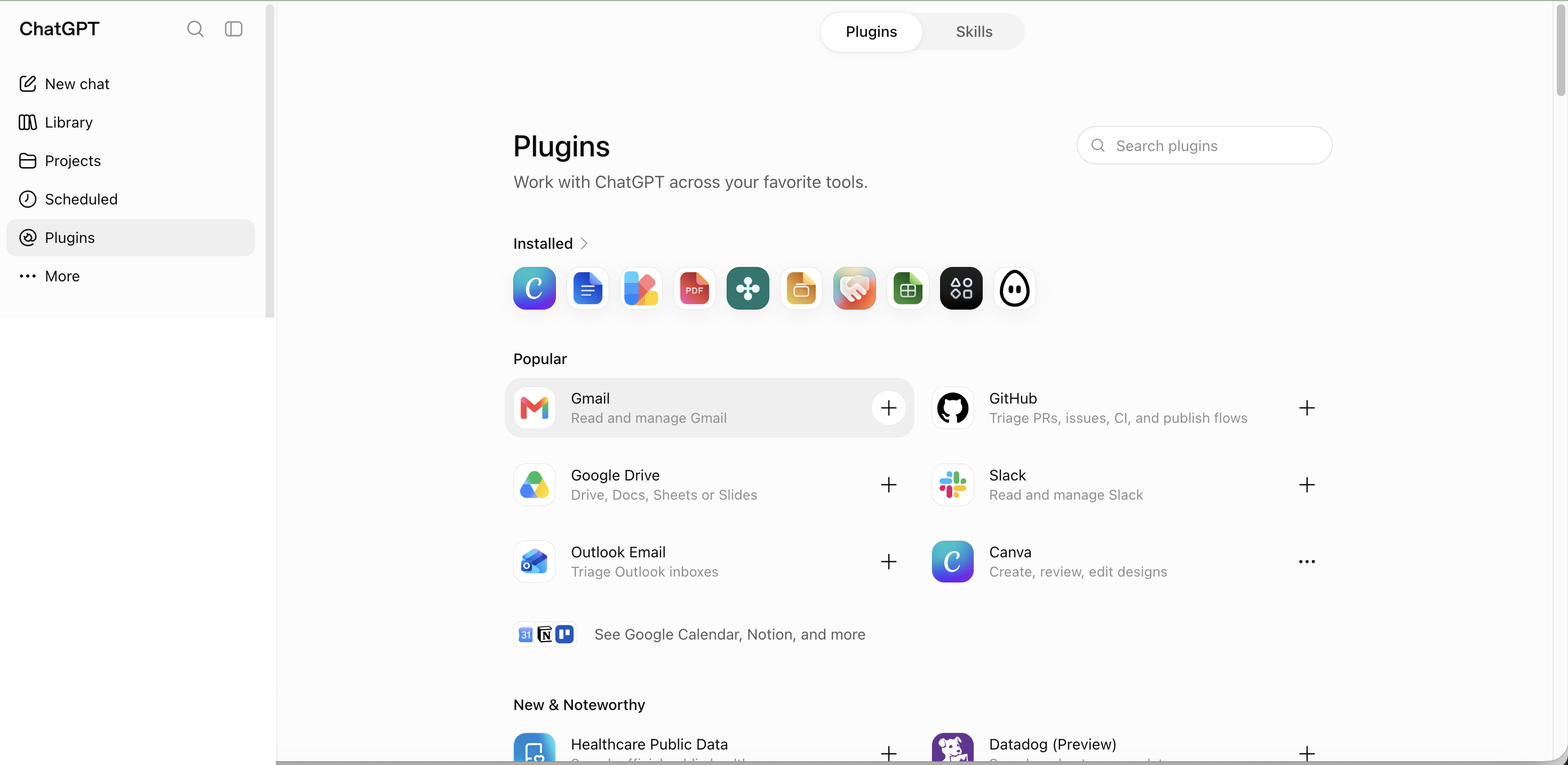 ChatGPT Plugins page showing Gmail, GitHub, Google Drive, Slack, Outlook Email and Canva