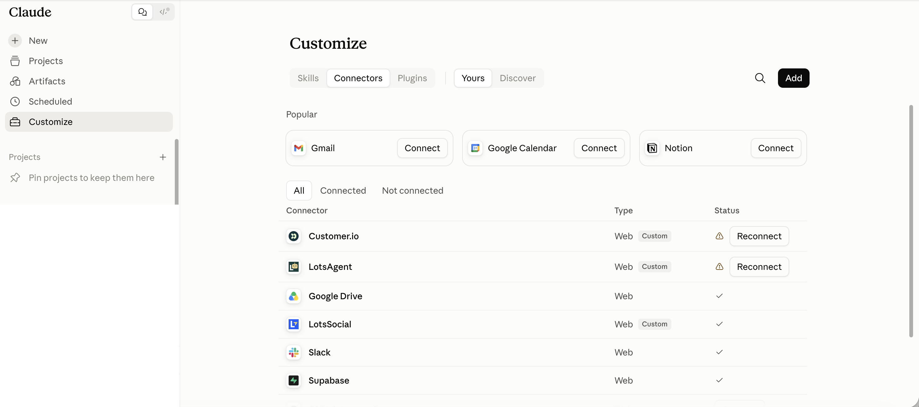 Claude Customize page showing connectors including Gmail, Google Calendar, Notion, Slack, Supabase, LotsAgent and LotsSocial