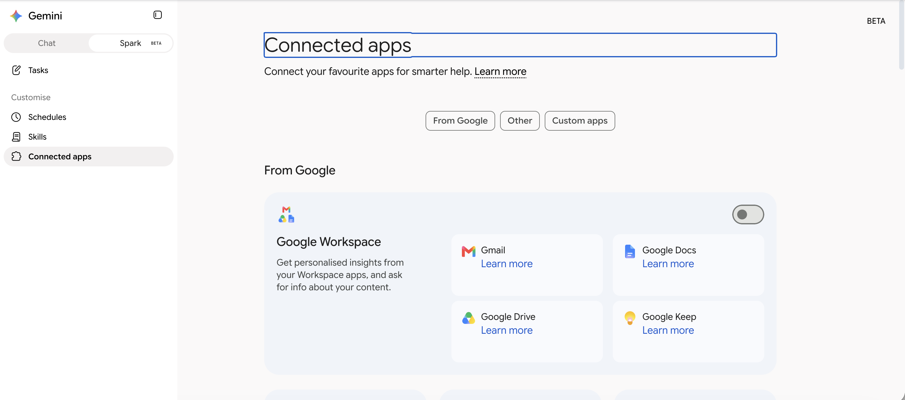 Gemini Connected apps page showing Google Workspace with Gmail, Docs, Drive and Keep