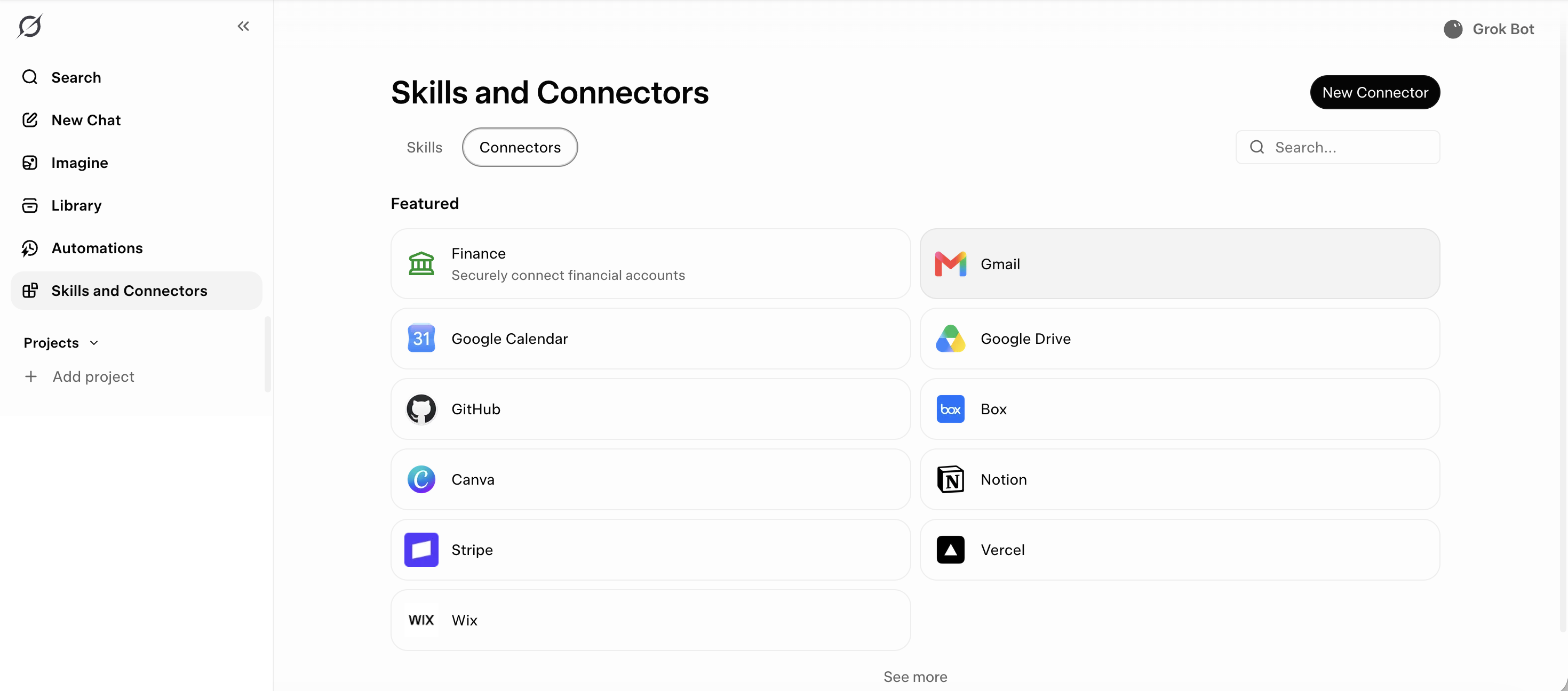 Grok Skills and Connectors page showing Finance, Gmail, Google Calendar, Google Drive, GitHub, Box, Canva, Notion, Stripe, Vercel and Wix