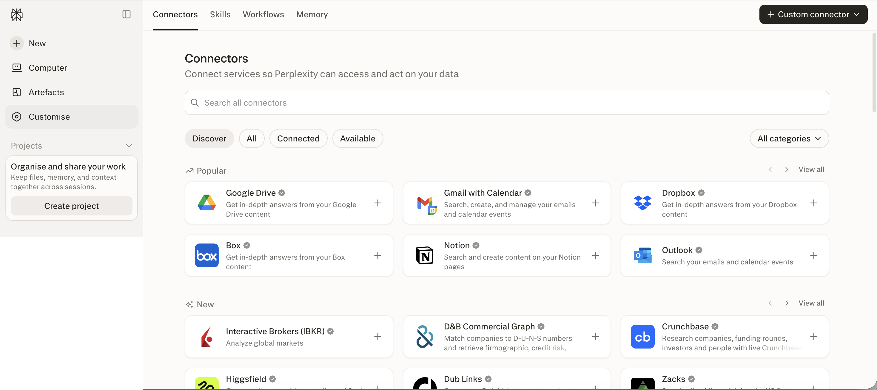 Perplexity Connectors page showing Google Drive, Gmail with Calendar, Dropbox, Box, Notion, Outlook, Crunchbase and D&B
